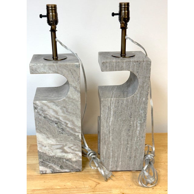 1980s Italian Sculptural Gray Marble Architectural Table Lamps - a Pair For Sale - Image 4 of 16