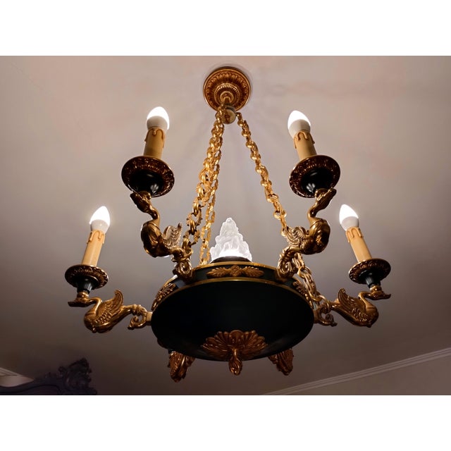 French Napoleon Empire Style Brass Chandelier with Swans and Green Glass Lampshades, 1970s For Sale - Image 9 of 18