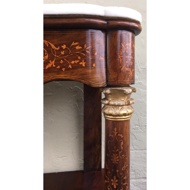20th Century Marquetry Console Table With White Carrara Marble Top & Two Drawers For Sale - Image 4 of 13