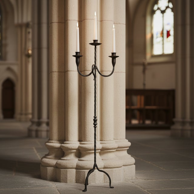 Hand Forged Iron Floor Candelabra 49″ (124cm) Antique Copper or Gold Patina 3-Arm Twist Stem Candle Holder Rustic Decor For Sale - Image 4 of 11