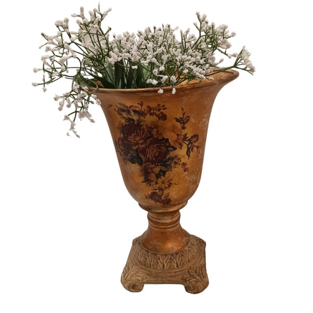 90s Ceramic Flower Vase Rose Painted Urn Tabletop Pedastle Golden Brown Beautiful Flower Vase Urn for Tabletop Floral...