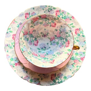 1950s Shelley English Bone China "Oleander" Shape Floral Chintz Teacup Trio - 3 Pieces For Sale