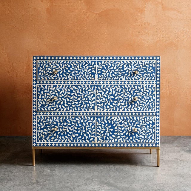 Arabesque Bone Inlay Three-Drawer Dresser - Blue by House of Jaipur For Sale - Image 6 of 6
