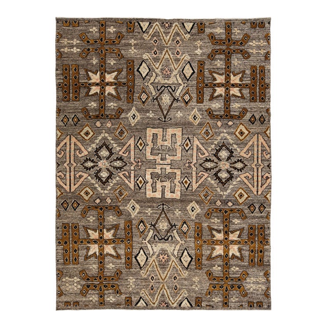 Gray Modern Tulu Plush Wool Area Rug Tribal African-Inspired Geometric Motif For Sale