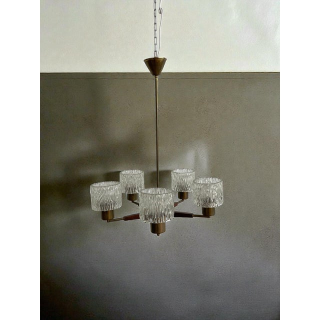 Swedish Modern Teak, Brass and Art Glass Chandelier by Carl Fagerlund for Orrefors, 1960s For Sale - Image 6 of 10