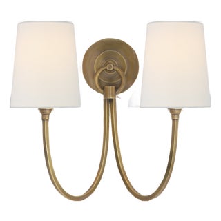 Thomas O'Brien for Visual Comfort Signature Reed Double Sconce in Hand-Rubbed Antique Brass with Linen Shades For Sale