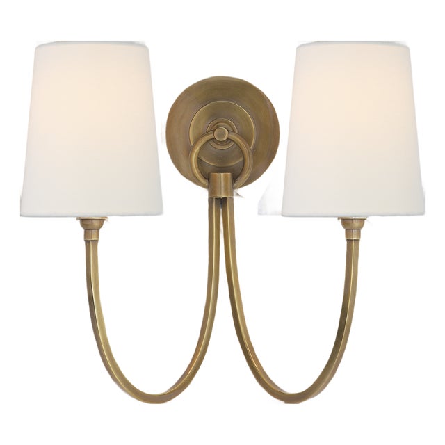 Thomas O'Brien for Visual Comfort Signature Reed Double Sconce in Hand-Rubbed Antique Brass with Linen Shades For Sale