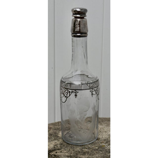 Vintage Art Nouveau Cut Etched Glass Bottle W/Stopper in Sterling Silver Overlay For Sale - Image 4 of 10