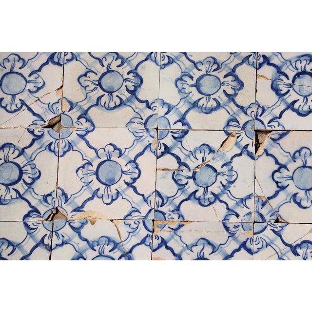 Antique 18th Century Portuguese Blue & White Tiles Set of 61 With Repeating Floral-Geometric Pattern For Sale - Image 13 of 18