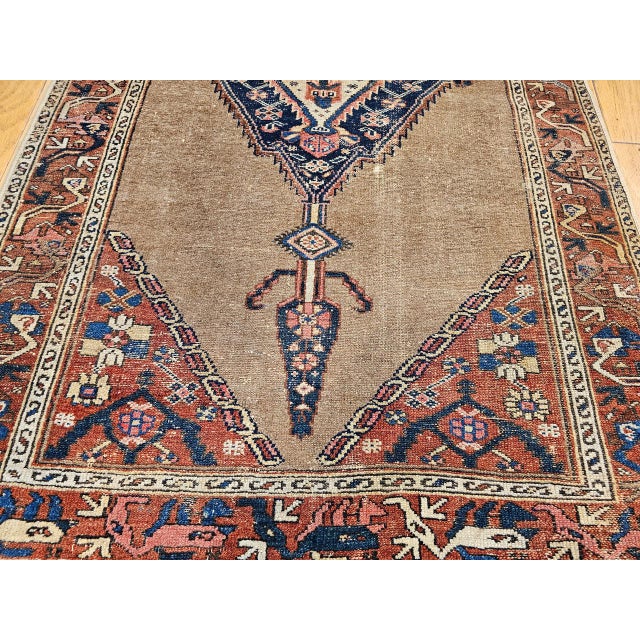 Vintage Persian Malayer Area Rug, Hand-Knotted Wool, Geometric Medallion Pattern, Camelhair & Red, 4x7 For Sale - Image 15 of 16