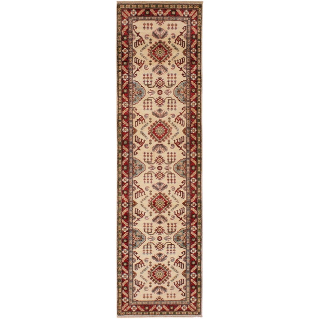 Boho Chic Kazak Ivory/Red Wool Runner Rug - 2'8''x9'8'' For Sale - Image 10 of 10