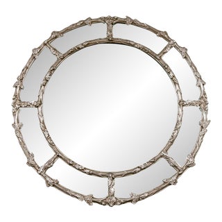 Mid 20th Century Louis XVI Style Round Gilt Wood and Gesso Mirror With Silver Leaf Finish For Sale