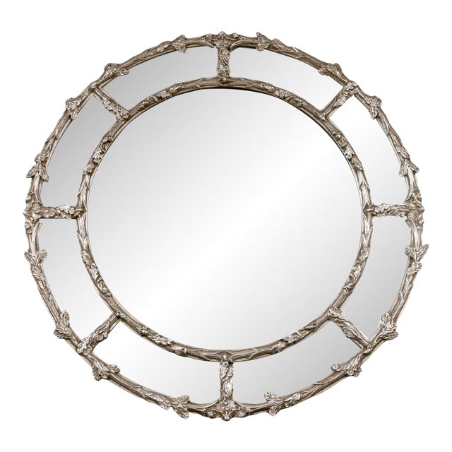 Mid 20th Century Louis XVI Style Round Gilt Wood and Gesso Mirror With Silver Leaf Finish For Sale