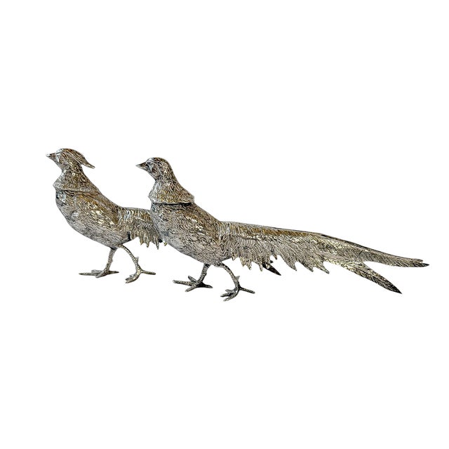 This is a pair of vintage silver-plated pheasant sculptures dating to the mid-20th century. Beautifully modeled with...