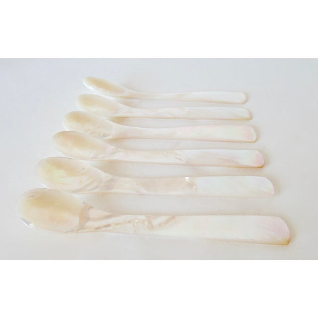 Vintage; C. 1970''s Mother of Pearl, hand-honed and carved individual, caviar serving spoons, set of 6. In excellent...
