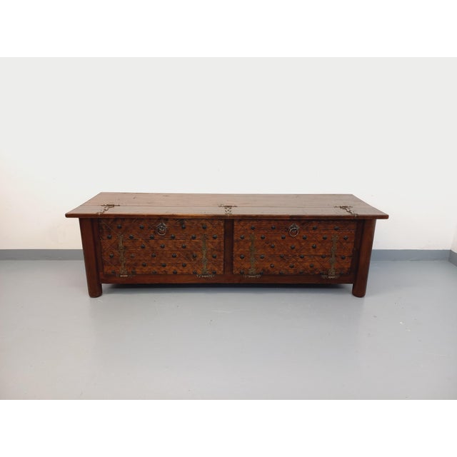 Vintage low sideboard from the 1950s/60s, made of dark solid pine and metal, French design attributed to Georges Robert,...