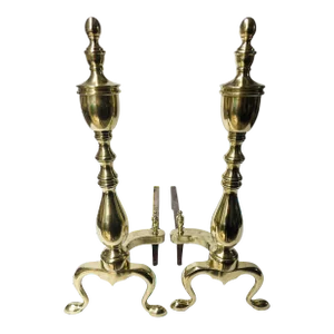 Early 20th Century Traditional Polished Brass Fireplace Andirons - a Pair