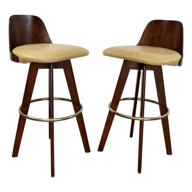 1960’s Mid-Century Modern Walnut & Leather Bar Stools - A Pair For Sale