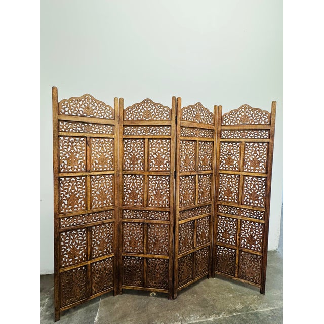Traditional Vintage Hand Carved Wooden Four Panel Room Divider Screen/Panel For Sale - Image 3 of 10