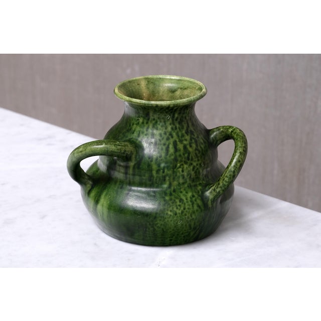 Belgian Art Nouveau Sculptural Green Glazed Tri-Handled Vase, 1910s For Sale - Image 9 of 11