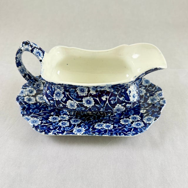 1940s 1940s Crownford China Blue Calico Gravy Boat & Underplate For Sale - Image 5 of 12