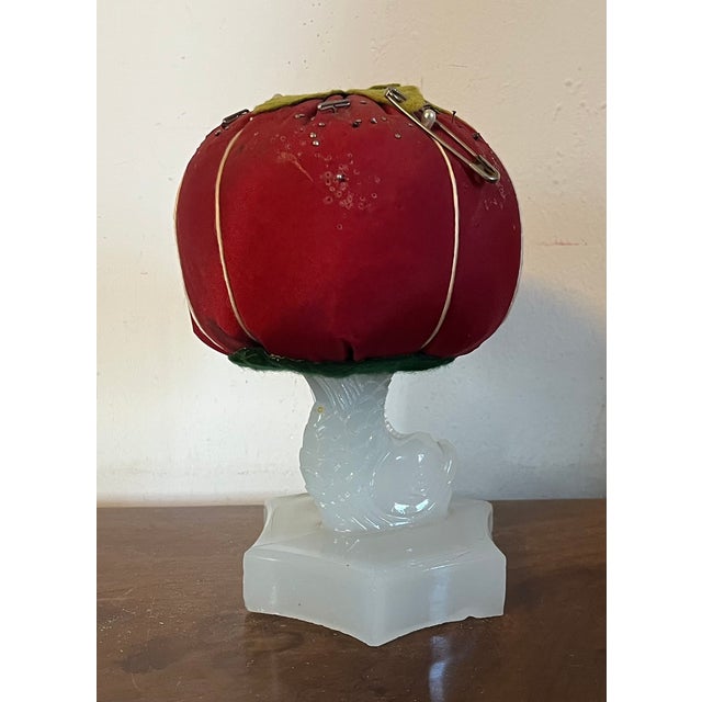 Early 20th C. Make-Do Tomato Pin Cushion on 19th C. Dolphin Sandwich Glass Stand For Sale - Image 9 of 16