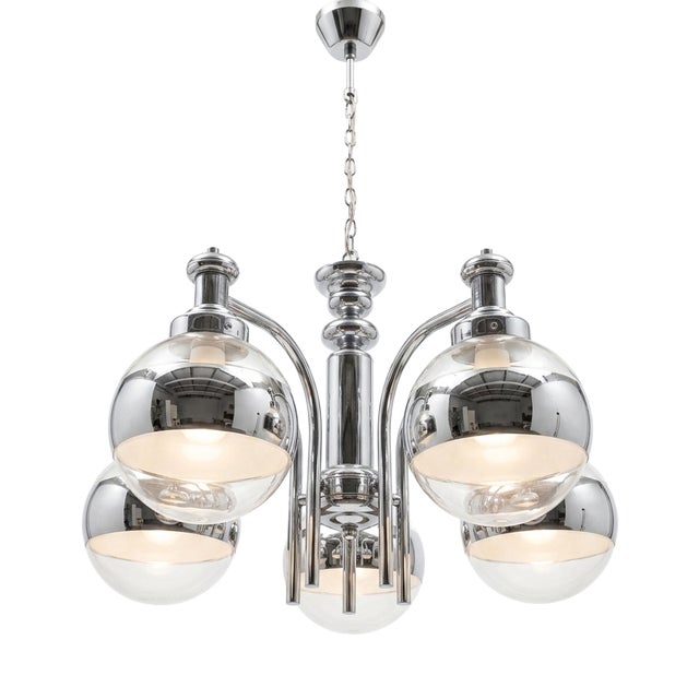Mid-Century Modern Chrome and Clear Glass Five-Light Globe Chandelier, 1970s For Sale