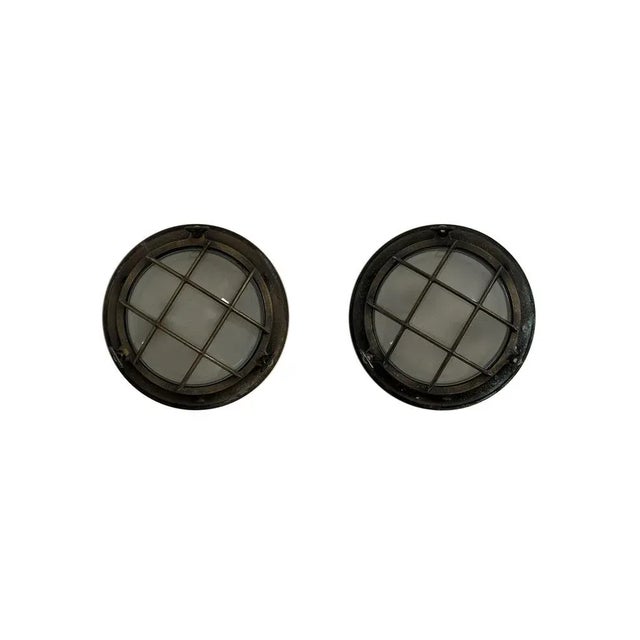 Vintage Industrial Military Maritime Bulkhead Wall Lights in Brass and Convex Glass, Set of 2 For Sale - Image 5 of 6