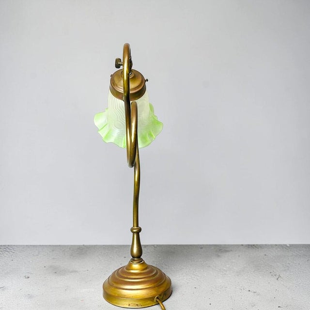 Art Nouveau Whiplash Curve Brass Tulip and Green Glass Table Lamp, 1950s For Sale - Image 6 of 14