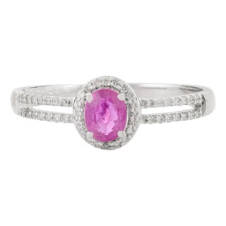 14k White Gold Genuine Oval Ruby Diamond Halo Split Band Ring Size 5.5 For Sale