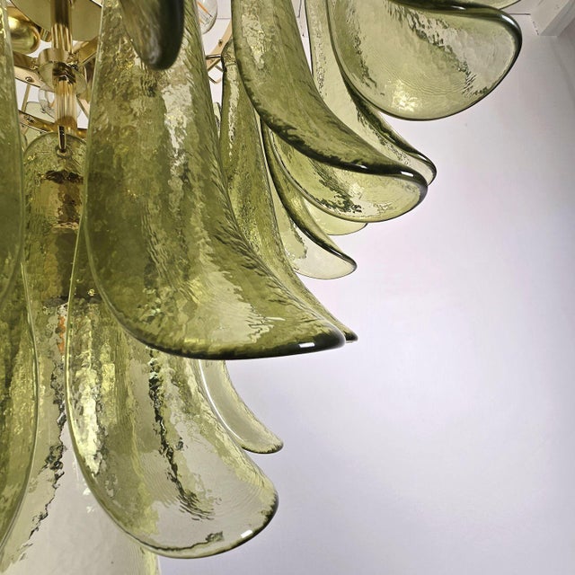 1980s Mazzega Style Murano Glass Olive Green Petal Chandelier For Sale - Image 13 of 14