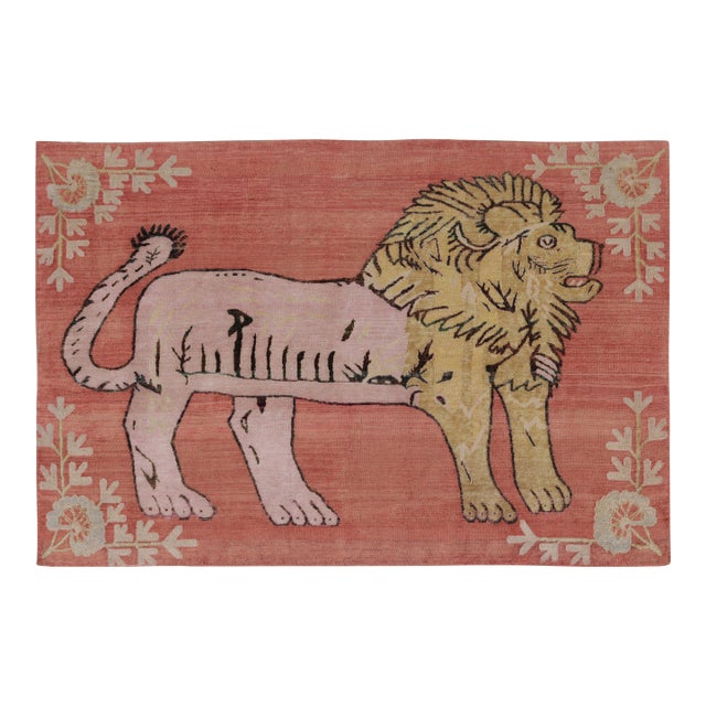 Rug & Kilim Modern Persian Gabbeh Inspired Rug in Coral and Gold Lion Pictorial For Sale