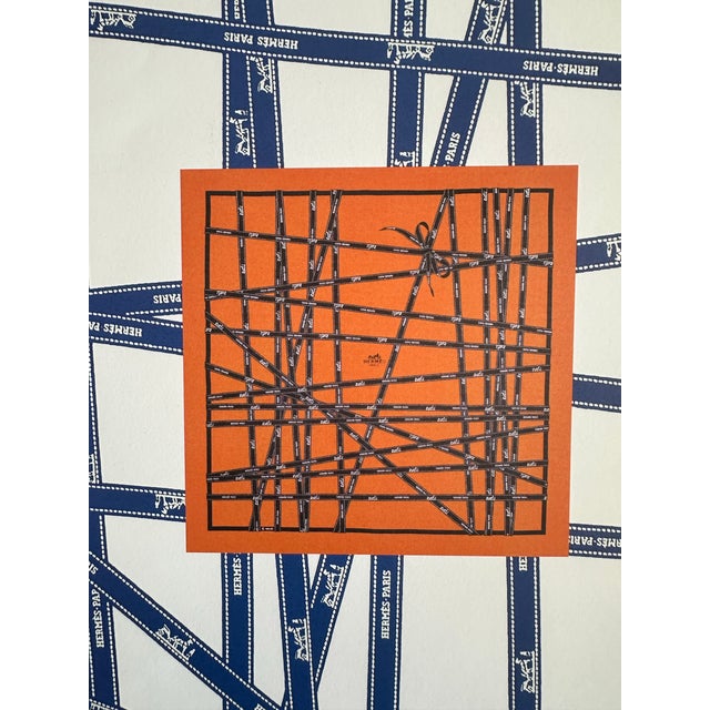 Authentic Original Hermès Ribbon Gift Box Art Print Orange & Navy French Luxury Wall Art Framed Advertisement Print For Sale In Miami - Image 6 of 7
