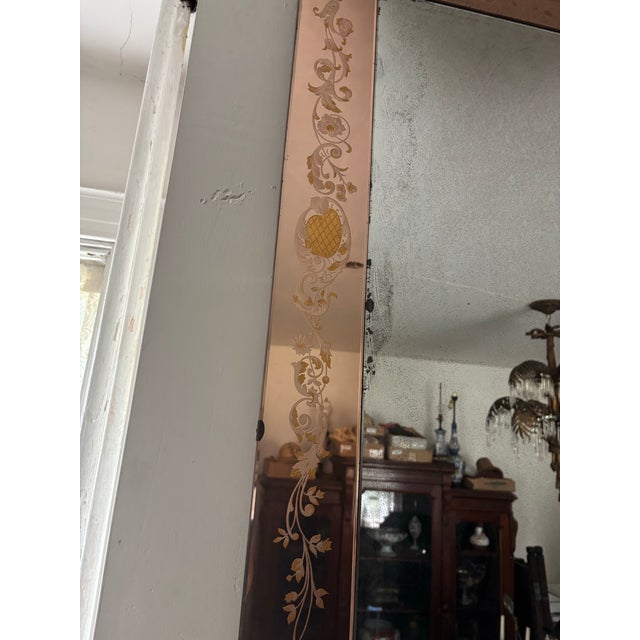 Art Deco Large Vintage Venetian Peach Glass Etched Floral Wall Mirror For Sale - Image 3 of 7