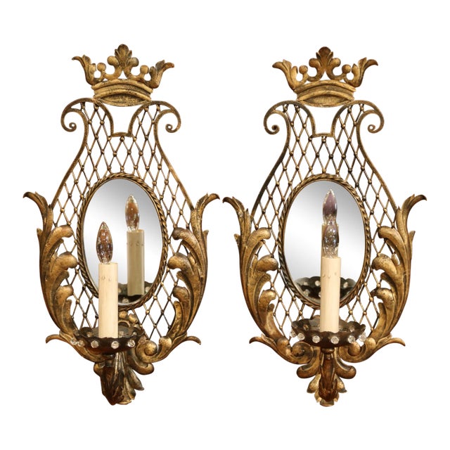 Early 20th Century French Iron Wall Sconces With Crystal and Mirror - a Pair For Sale