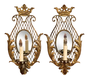 Early 20th Century French Iron Wall Sconces With Crystal and Mirror - a Pair