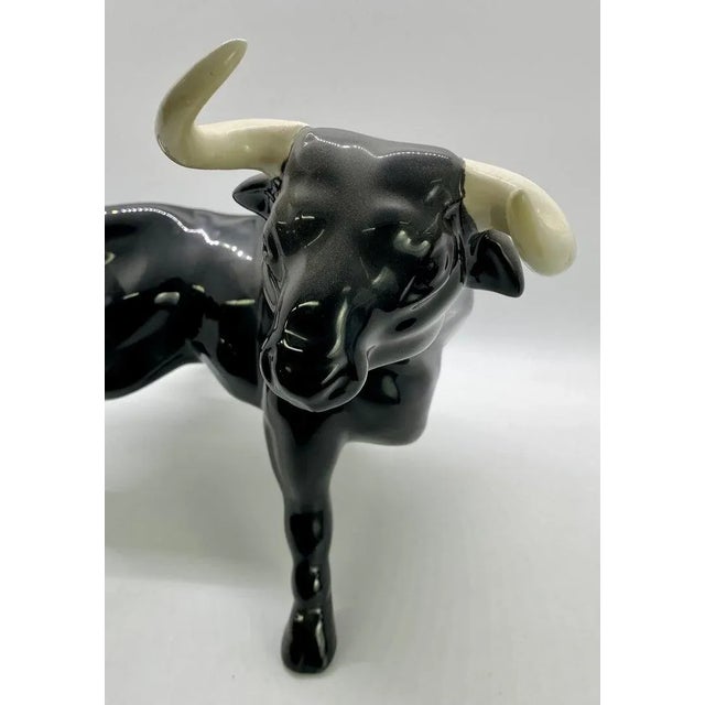 1950's Ceramic Black Bull Figurine With White Horns, a Pair For Sale - Image 9 of 13