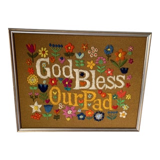 1960s Hippie God Bless Our Pad Framed Crewelwork For Sale