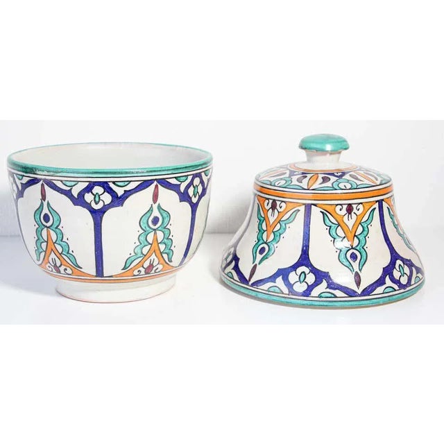 Moorish Ceramic Glazed Covered Jars Handcrafted in Fez Morocco - a Pair For Sale - Image 10 of 13