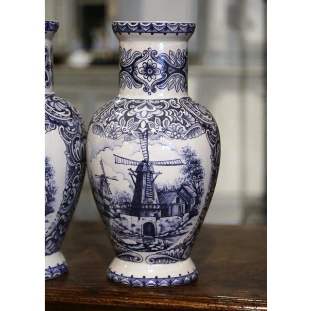 Pair of Early 20th Century Dutch Blue and White Hand Painted Faience Delft Vases For Sale - Image 4 of 12