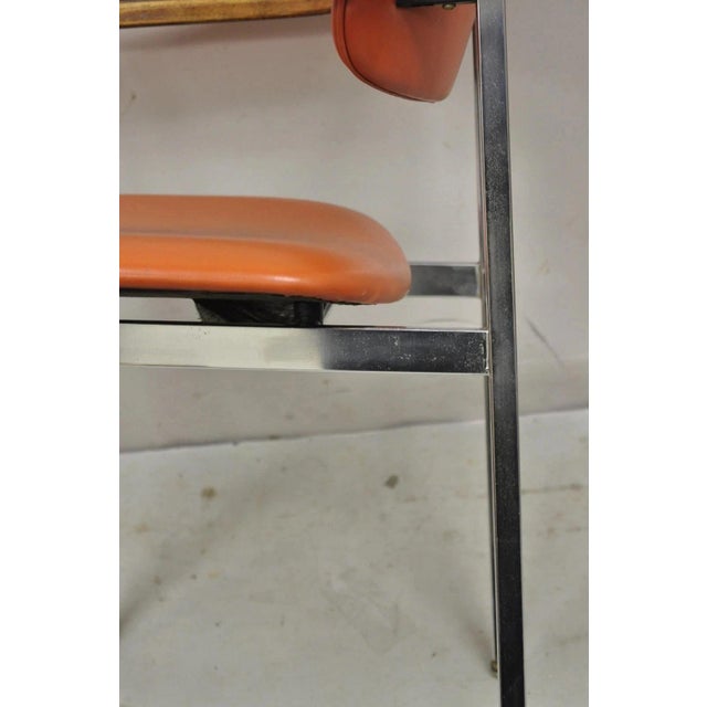 Metal Vintage Mid Century Modern Orange Chrome Frame Sloped Wood Arm Side Desk Chair For Sale - Image 7 of 12