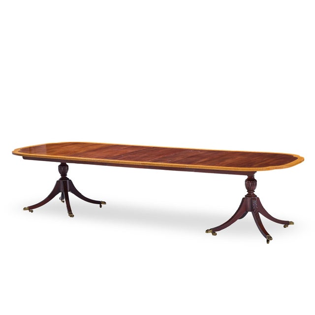 Contemporary Councill Craftsmen Mahogany Inlaid Double Pedestal Expanding Dining Table With 3 Leaves For Sale - Image 3 of 15