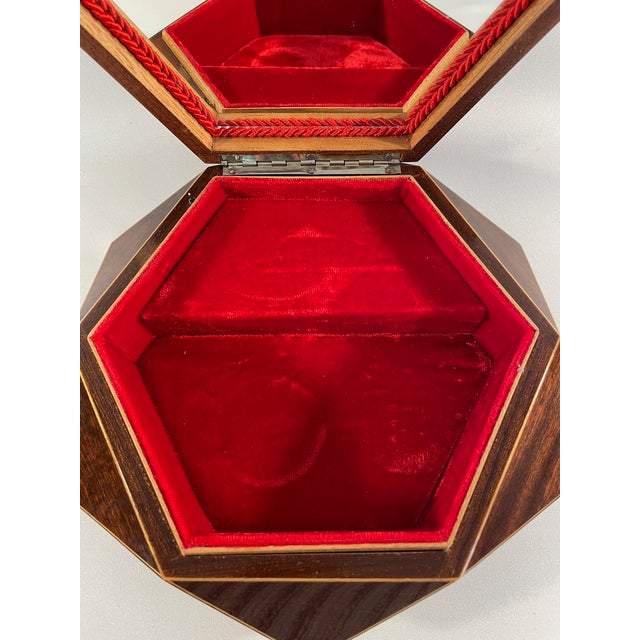 1970s Italian Hexagon Marquetry Musical Jewelry Box For Sale - Image 9 of 12