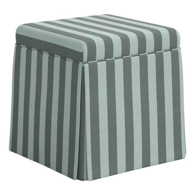 Spritely Home Dyer Skirted Storage Ottoman in Canopy Stripe Tonal Teal For Sale