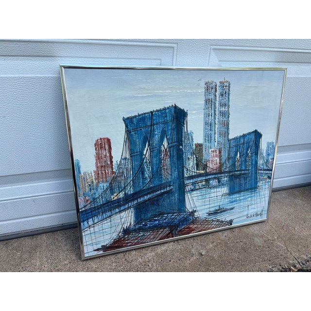 Metal Midcentury Henri Duchmamp Brooklyn Bridge Acrylic on Canvas Signed Painting Framed For Sale - Image 7 of 11