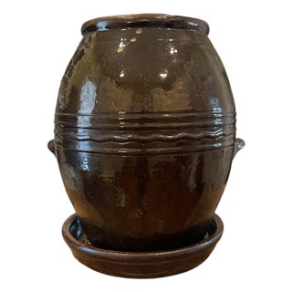 Vintage Large Hand Made Brown Glazed Redware Pottery Crock / Vessel / Olive Jar / Planter and Saucer Set For Sale