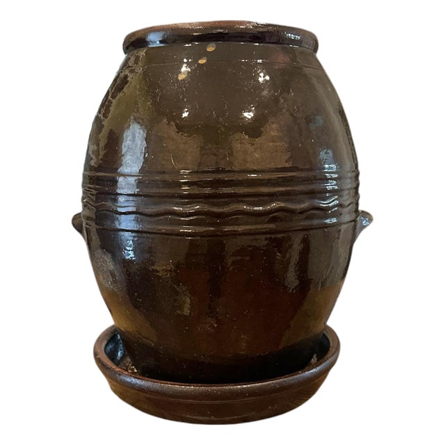 Vintage Large Hand Made Brown Glazed Redware Pottery Crock / Vessel / Olive Jar / Planter and Saucer Set For Sale