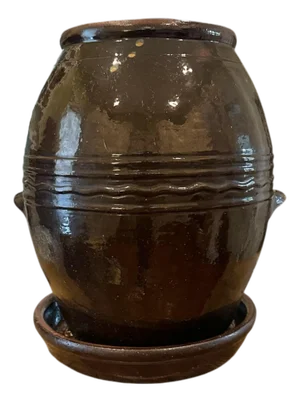 Vintage Large Hand Made Brown Glazed Redware Pottery Crock / Vessel / Olive Jar / Planter and Saucer Set