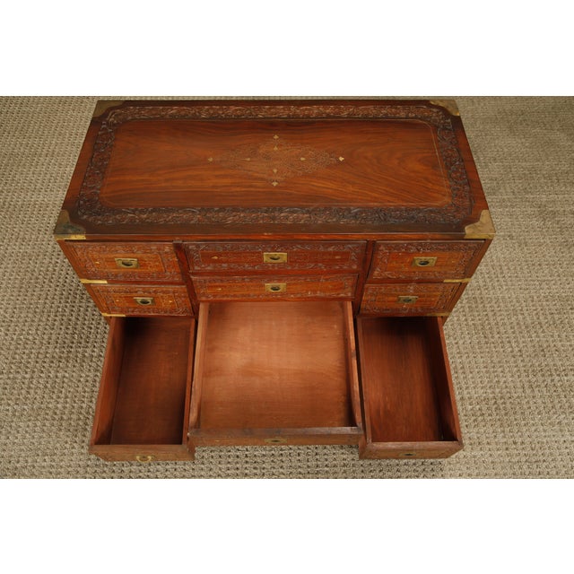 Wood Vintage Campaign Style Inlaid Walnut Dresser Chest, Brass Inlay Carved Wood 10 Drawer Cabinet For Sale - Image 7 of 18
