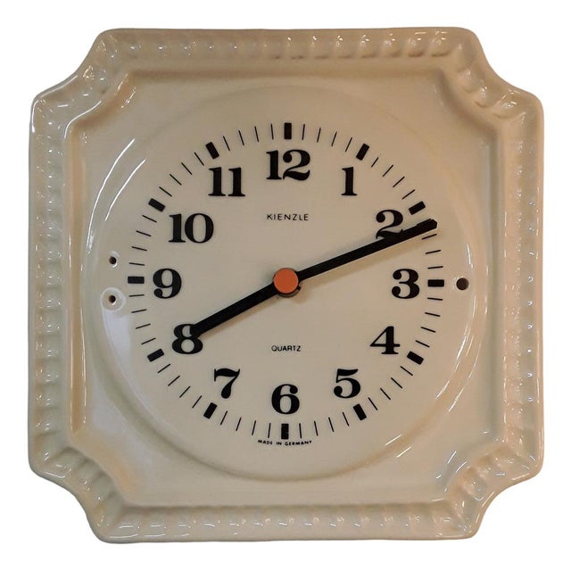 1970s Vintage German Wall Clock in Cream-Colored Ceramics with Black Hands and Digits with Orange Point from Kienzle, 1970s For Sale - Image 5 of 5